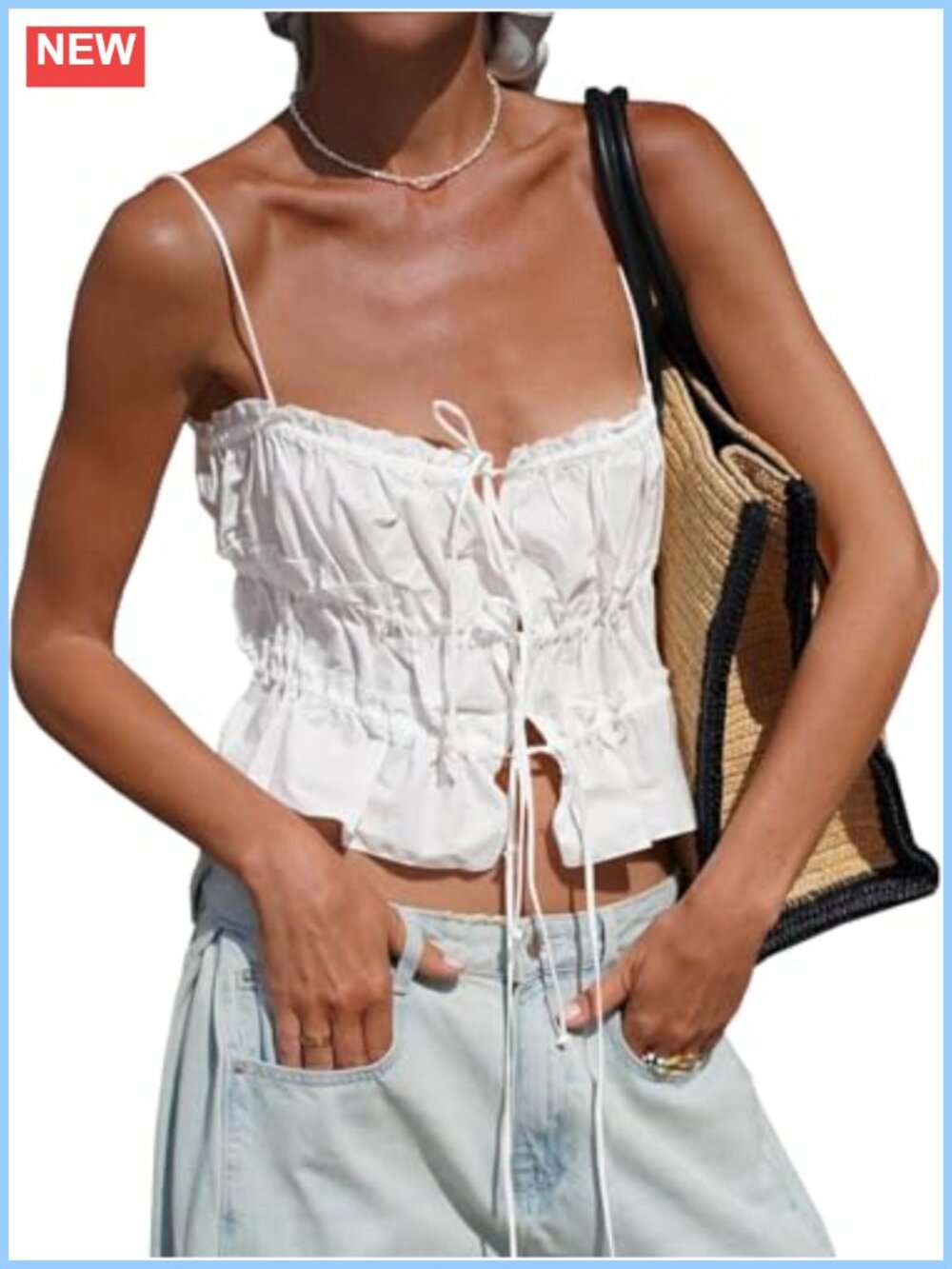 Women's Cotton Tie Front Crop Top Spaghetti Strap